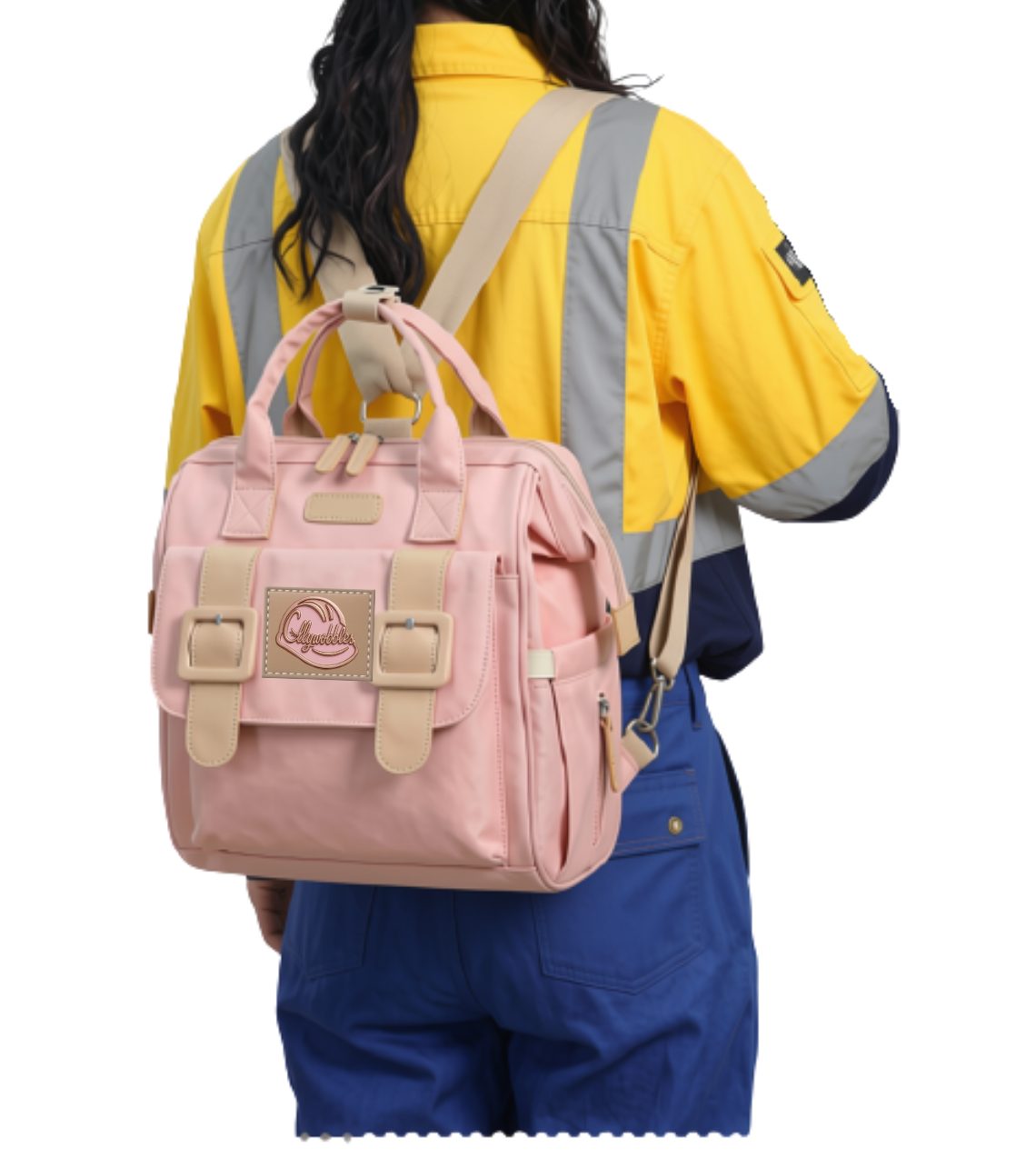 Lunch bag worn as a backpack over hi-vis workwear